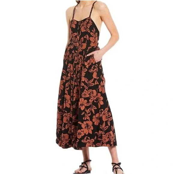 Free People Women’s Button Down Sleeveless Floral Sundress Size S Black Brown‎ - Picture 1 of 8